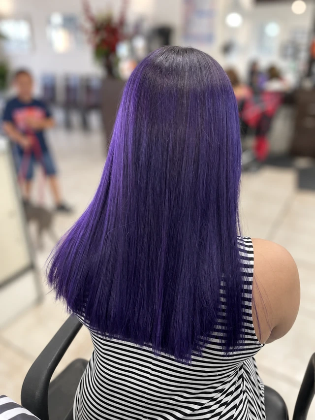 Long straight purple hair viewed from behind